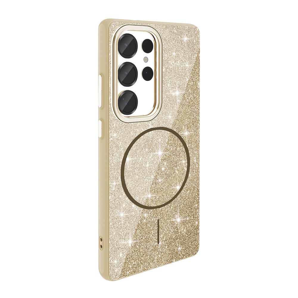 Samsung Galaxy S25 Ultra Kılıf Magsafe Şarj Özellikli Parlayan Simli Okso Kapak Gold