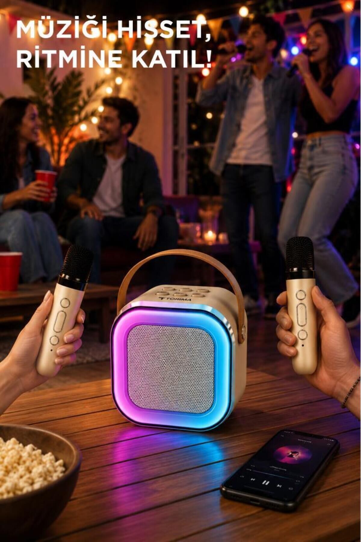 Bluetooth Hoparlör RGB Işıklı Kablosuz Karaoke Ses Sistemi Çift Mikrofonlu Parti Speaker D94