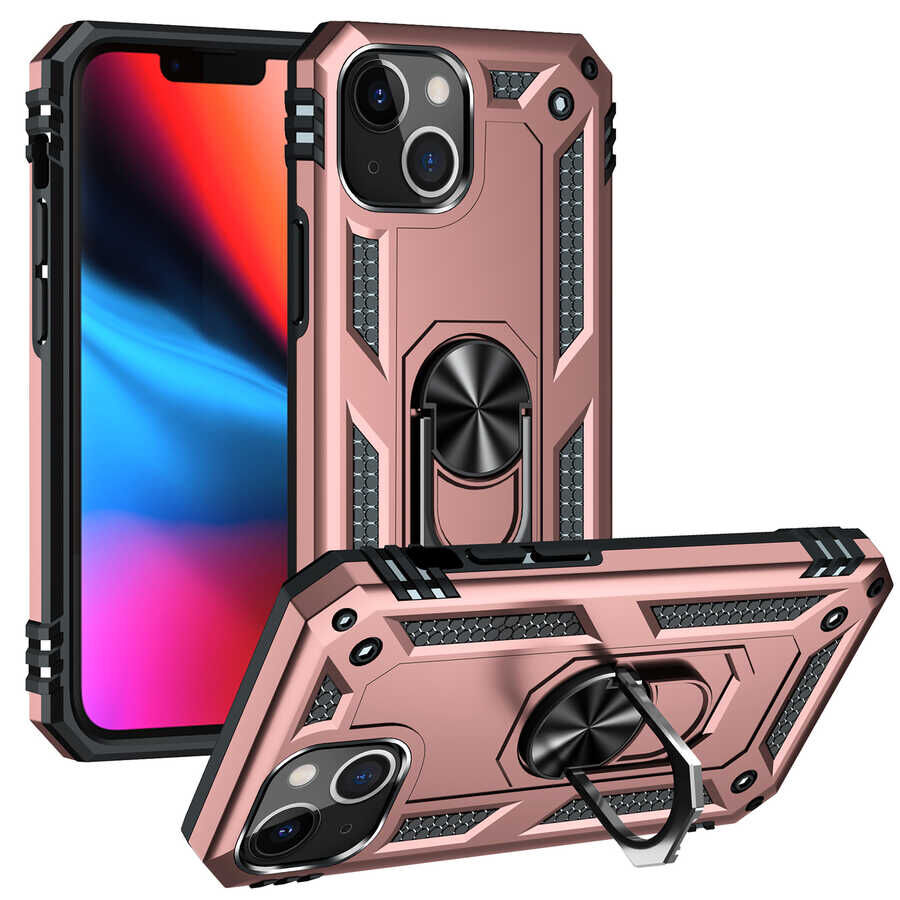 iPhone 13 Kılıf Vega Tank Sert Yüzüklü Standlı Zırh Koruma Kapak Rose Gold