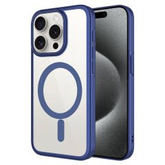 iPhone 15 Pro Kılıf Wireless Şarj Özellikli Sert PC Mat Riksos Magsafe Kapak Kılıf Lacivert