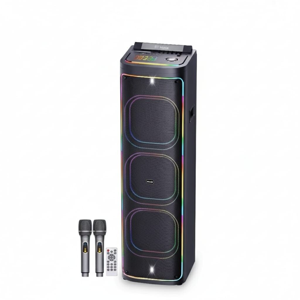 2272 Dijital LED Göstergeli Çift Kablosuz Mikrofonlu RGB TWS Üçlü 12 inç Stereo Bass Kablosuz Karaoke Hoparlör