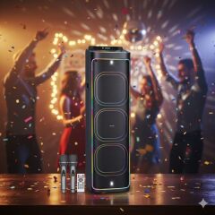 2272 Dijital LED Göstergeli Çift Kablosuz Mikrofonlu RGB TWS Üçlü 12 inç Stereo Bass Kablosuz Karaoke Hoparlör