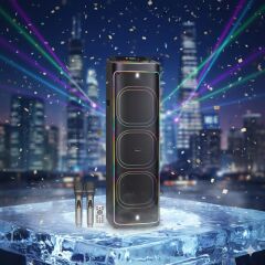 2272 Dijital LED Göstergeli Çift Kablosuz Mikrofonlu RGB TWS Üçlü 12 inç Stereo Bass Kablosuz Karaoke Hoparlör