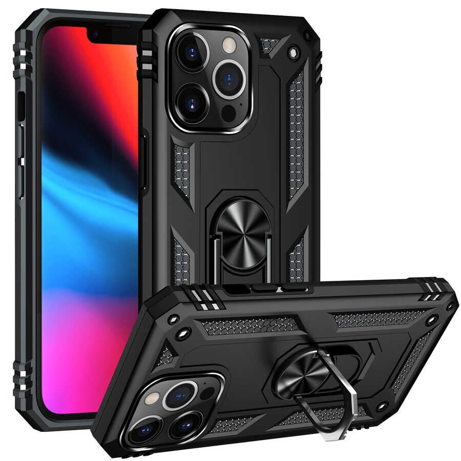 iPhone 13 Pro Max Kılıf Vega Tank Sert Yüzüklü Standlı Zırh Koruma Kapak Siyah