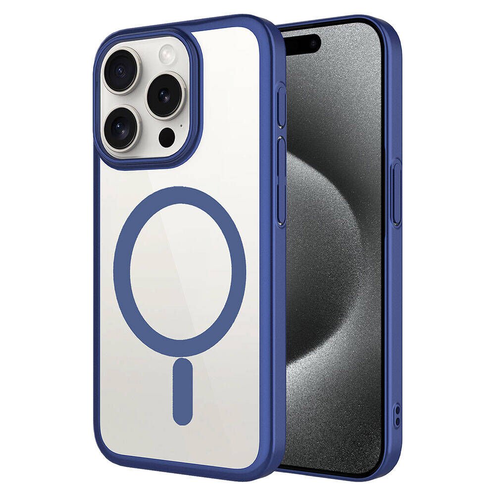 iPhone 15 Pro Max Kılıf Wireless Şarj Özellikli Sert PC Mat Riksos Magsafe Kapak Kılıf Lacivert