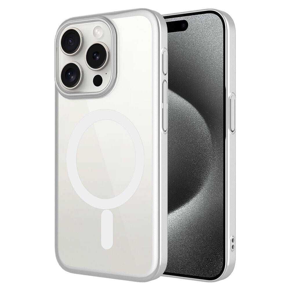 iPhone 15 Pro Max Kılıf Wireless Şarj Özellikli Sert PC Mat Riksos Magsafe Kapak Kılıf Gümüş
