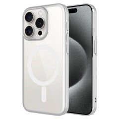 iPhone 15 Pro Max Kılıf Wireless Şarj Özellikli Sert PC Mat Riksos Magsafe Kapak Kılıf Gümüş