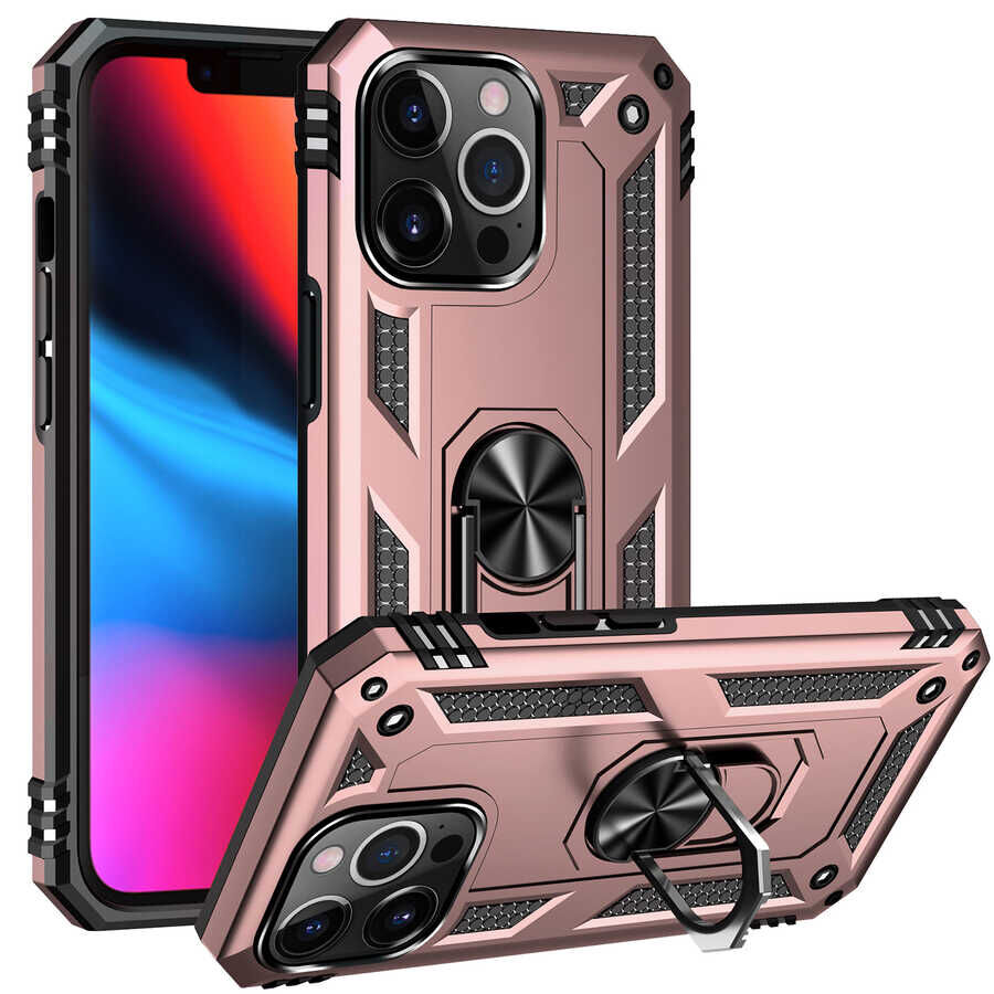iPhone 13 Pro Max Kılıf Vega Tank Sert Yüzüklü Standlı Zırh Koruma Kapak Rose Gold