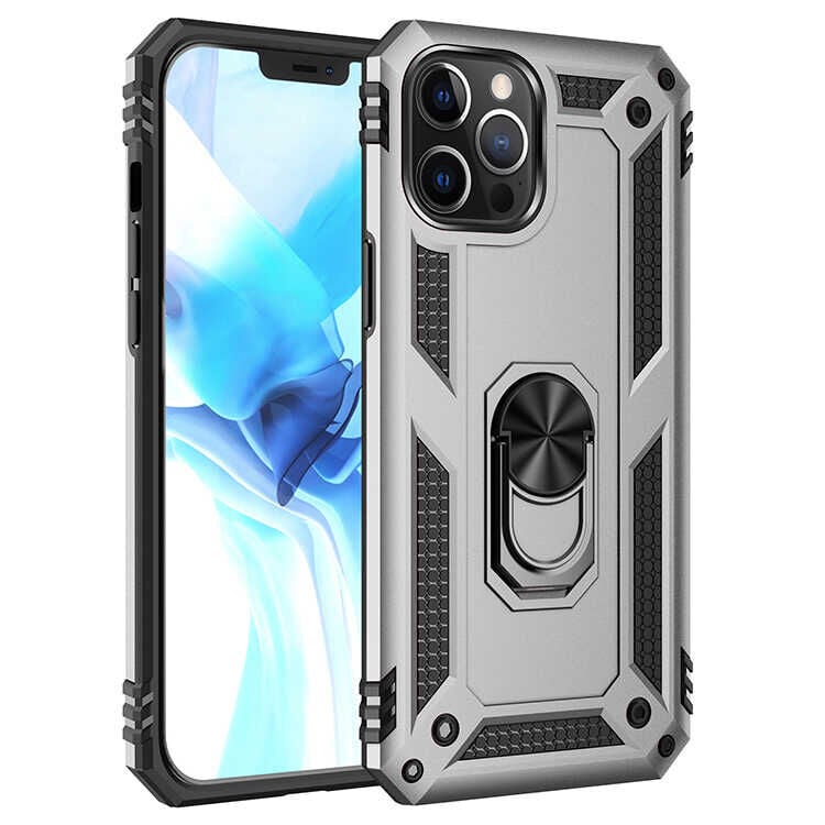 iPhone 12 Pro Max Kılıf Vega Tank Sert Yüzüklü Standlı Zırh Koruma Kapak Gri