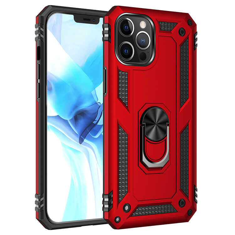 iPhone 12 Pro Max Kılıf Vega Tank Sert Yüzüklü Standlı Zırh Koruma Kapak Kırmızı