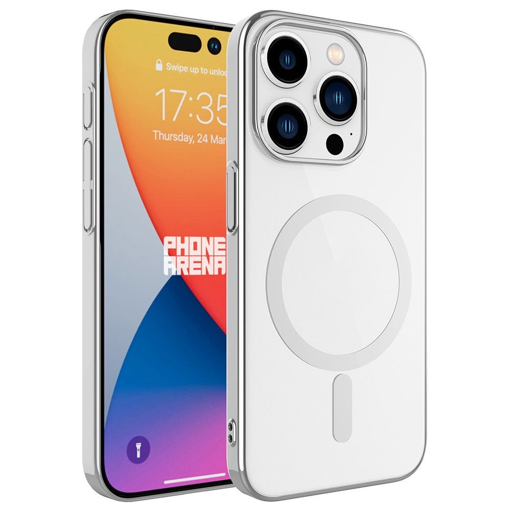 iPhone 15 Pro Max Kılıf Wireless Şarj Özellikli Pixel Magsafe Kapak Kılıf Gümüş