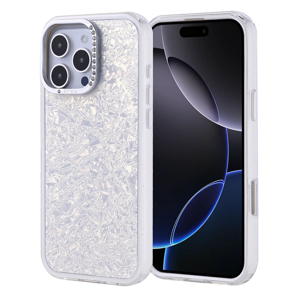 iPhone 16 Pro Max Kılıf Taşlı Tasarımlı Kapi Kapak Gümüş