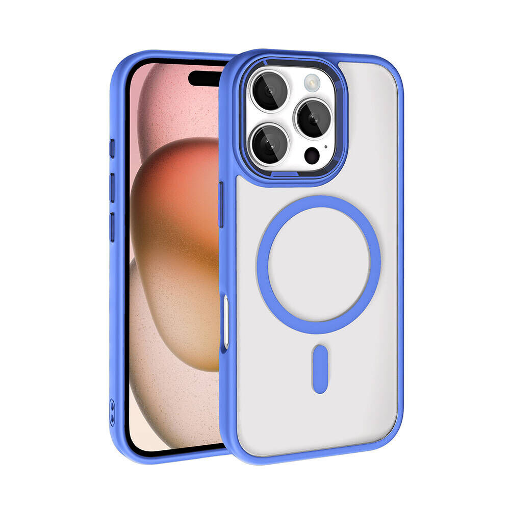 iPhone 16 Pro Kılıf Wireless Şarj Özellikli Krom Magsafe Silikon Kapak Mavi