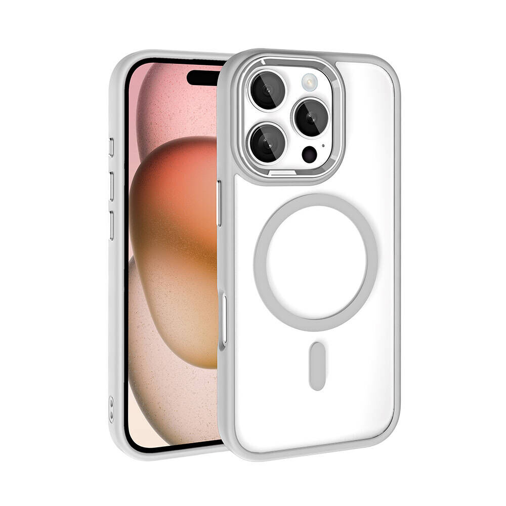 iPhone 16 Pro Kılıf Wireless Şarj Özellikli Krom Magsafe Silikon Kapak Gümüş