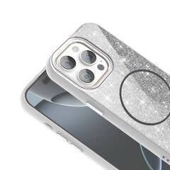 iPhone 15 Pro Kılıf Magsafe Şarj Özellikli Parlayan Simli Okso Kapak