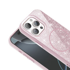 iPhone 15 Pro Kılıf Magsafe Şarj Özellikli Parlayan Simli Okso Kapak