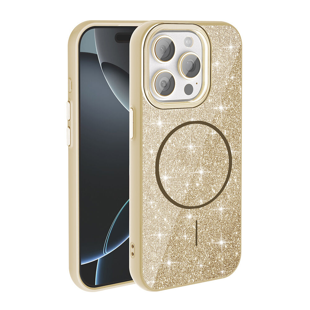 iPhone 15 Pro Kılıf Magsafe Şarj Özellikli Parlayan Simli Okso Kapak Gold