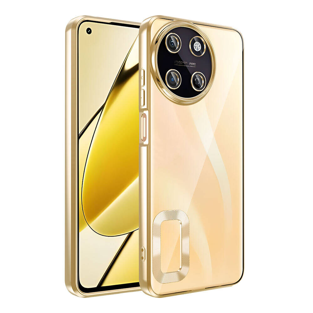 Realme 11 4G Kılıf Tek Kamera Çerçeveli Logo Gösteren Omega Kapak Gold