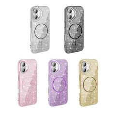 iPhone 16 Kılıf Magsafe Şarj Özellikli Parlayan Simli Okso Kapak