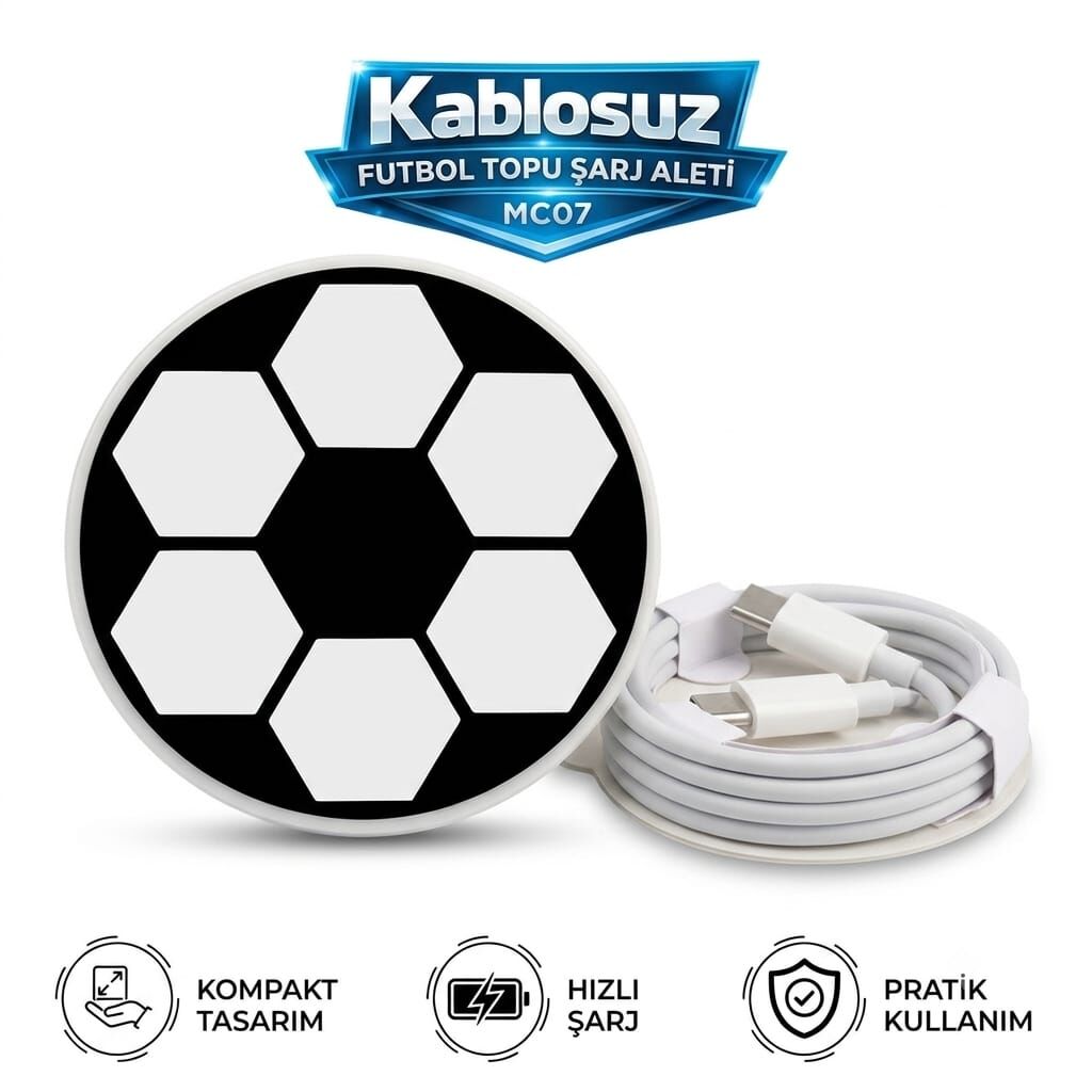 Fotbol Topu Tasarimli Manyetik Hızlı Kablosuz Şarj Pedi - iPhone MagSafe & Android Uyumlu Şarj Aleti