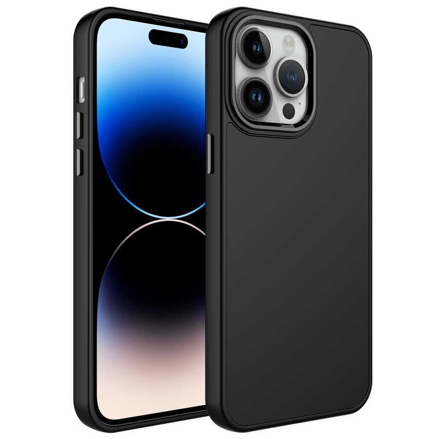 iPhone 14 Pro Max Kılıf Metal Çerçeve ve Buton Tasarımlı Silikon Luna Kapak Siyah