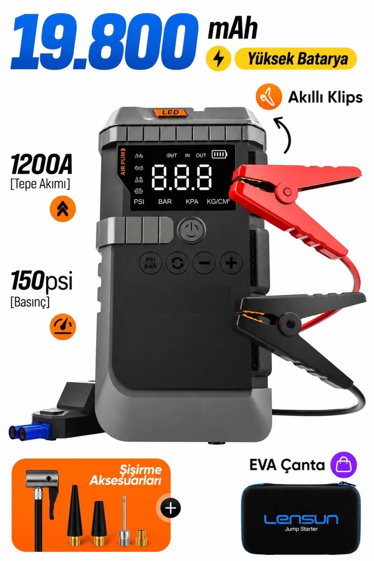 Jump Starter 19800 mAh Akü Takviyeli Hava Kompresörü Powerbankli Led Lambali LS 99