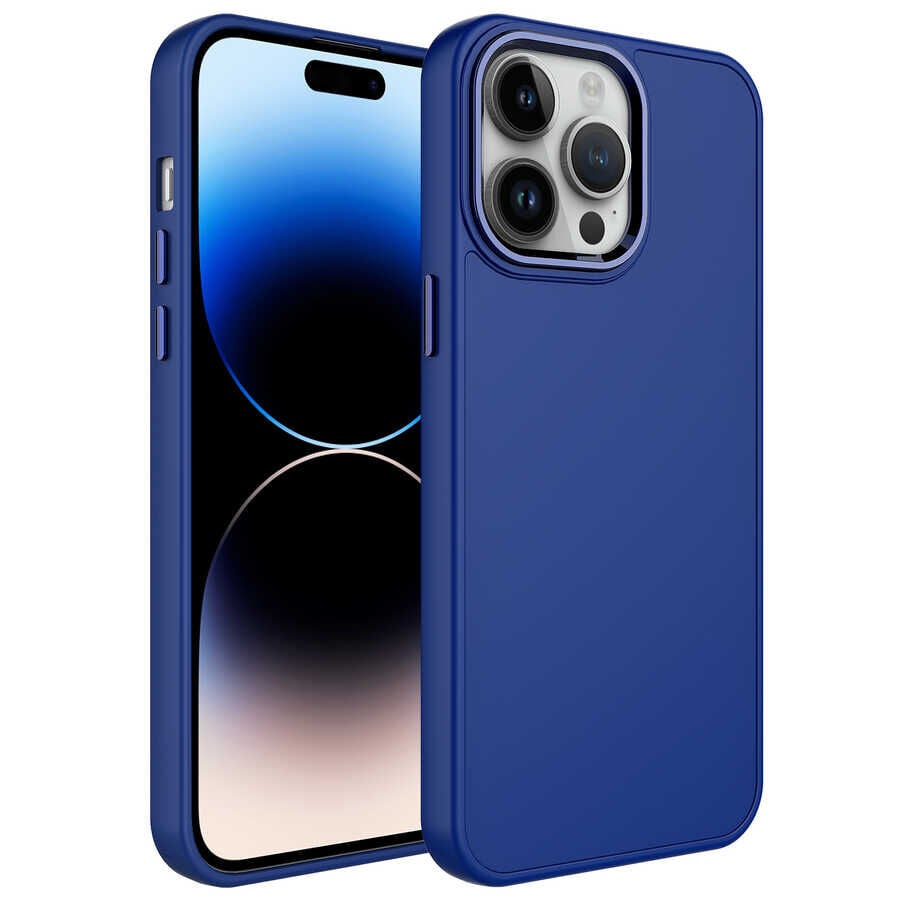 iPhone 14 Pro Max Kılıf Metal Çerçeve ve Buton Tasarımlı Silikon Luna Kapak Lacivert