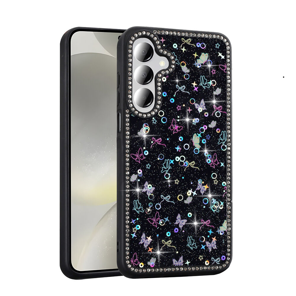 Samsung Galaxy A55 Kılıf Taşlı ve Simli Tasarım Azra Kapak Siyah