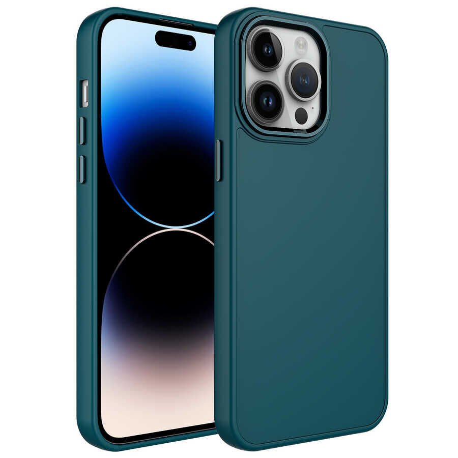 iPhone 14 Pro Max Kılıf Metal Çerçeve ve Buton Tasarımlı Silikon Luna Kapak Koyu Yeşil