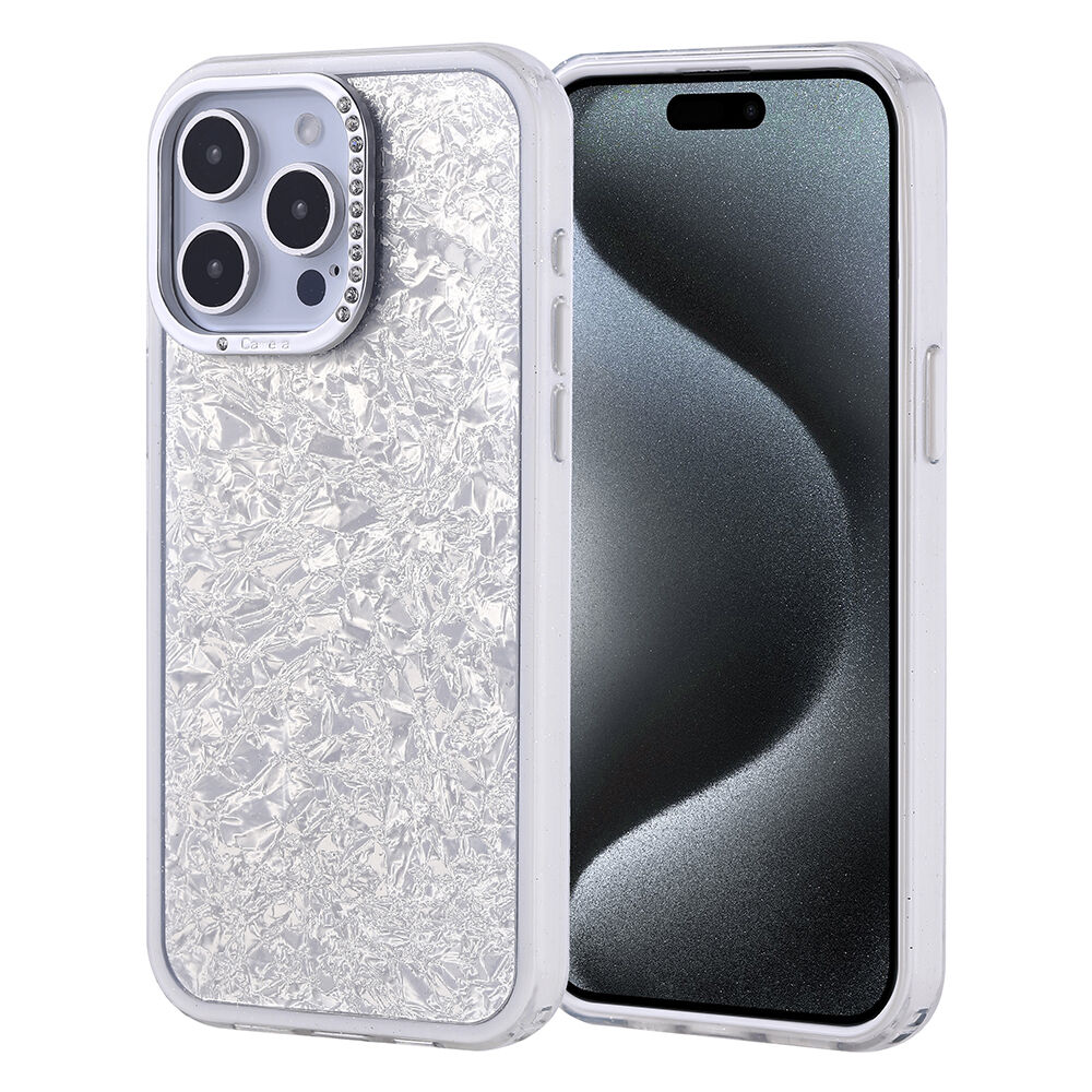 iPhone 15 Pro Max Kılıf Taşlı Tasarımlı Kapi Kapak Gümüş