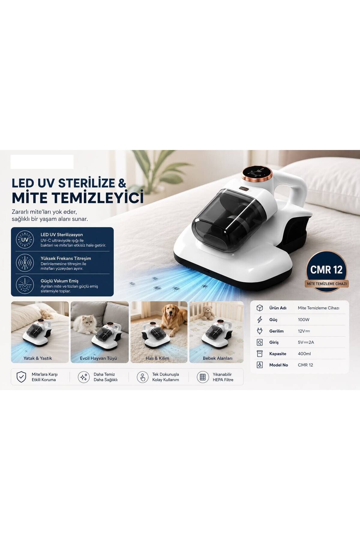 100W Güçlü Kablosuz Akar ve Toz UV Işıklı Yatak ve Koltuk Temizleyici
