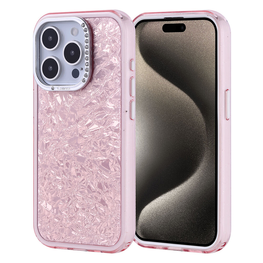 iPhone 15 Pro Kılıf Taşlı Tasarımlı Kapi Kapak Pembe