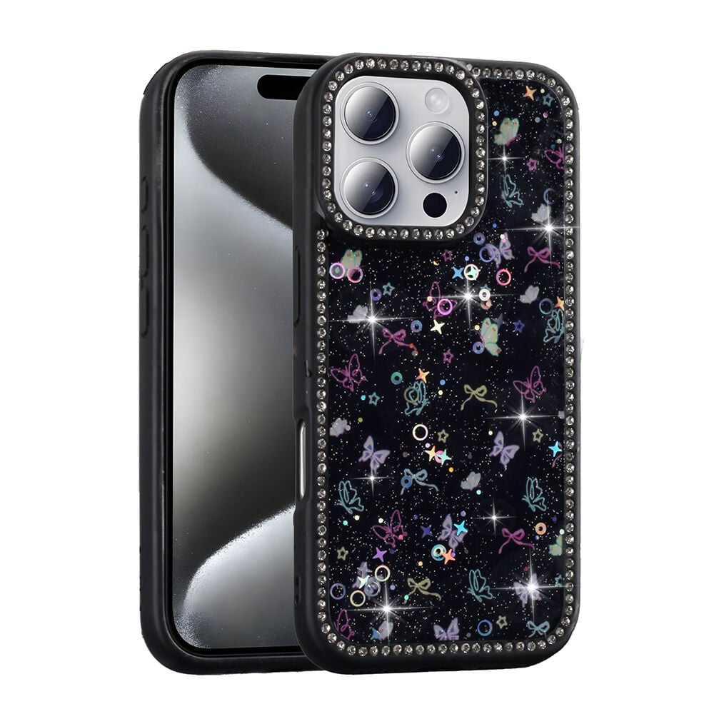 iPhone 16 Pro Max Kılıf Taşlı ve Simli Tasarım Azra Kapak Siyah