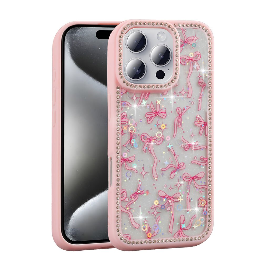 iPhone 16 Pro Kılıf Taşlı ve Simli Tasarım Azra Kapak Pembe