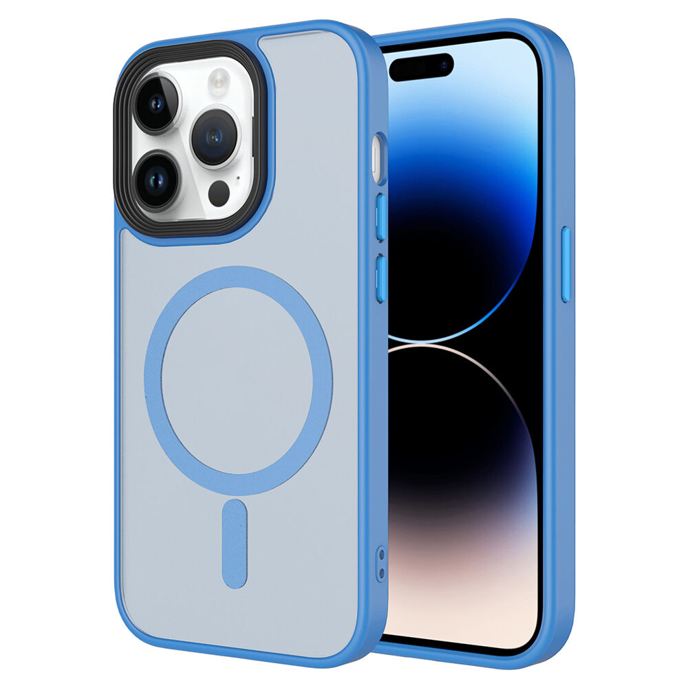 İPhone 14 Pro Max Kılıf Mat Arka Yüzey Wireless Şarj Özellikli Flet Magsafe Kapak Açık Mavi