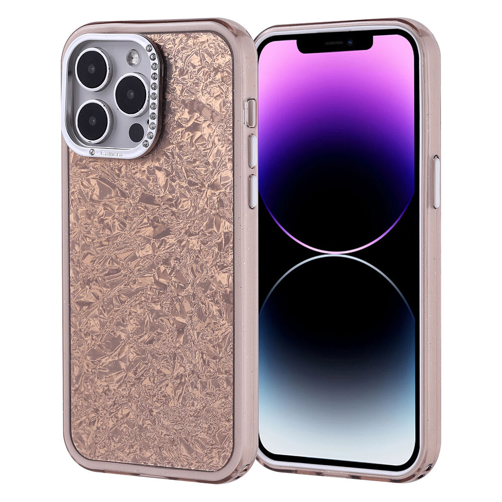 iPhone 14 Pro Max Kılıf Taşlı Tasarımlı Kapi Kapak Gold