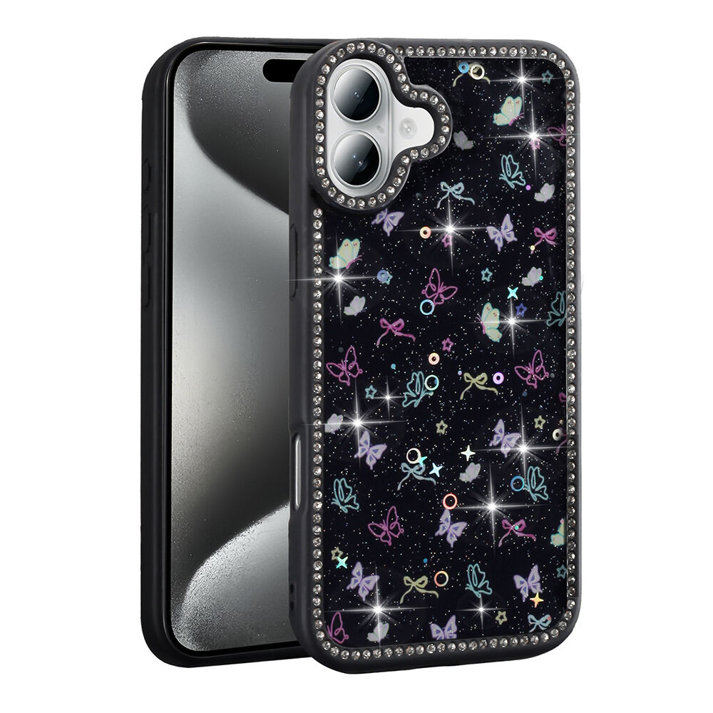 iPhone 16 Kılıf Taşlı ve Simli Tasarım Azra Kapak Siyah
