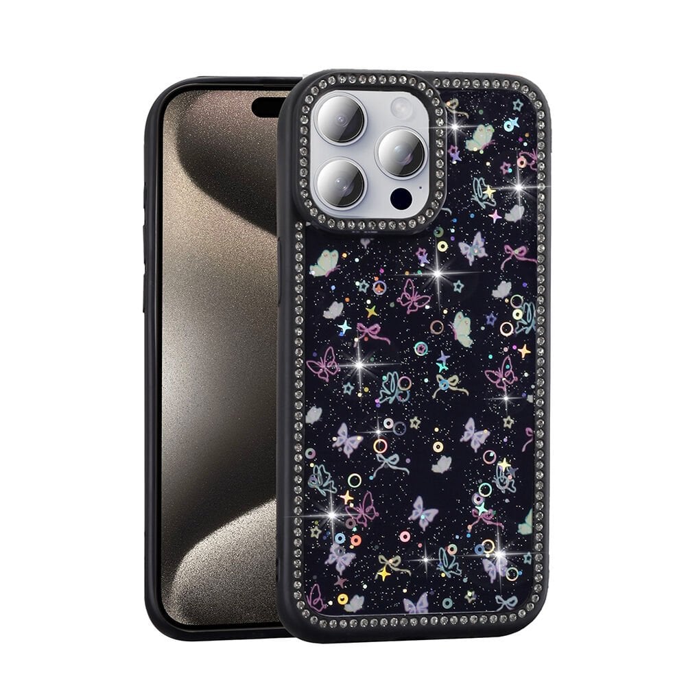iPhone 15 Pro Max Kılıf Taşlı ve Simli Tasarım Azra Kapak Siyah