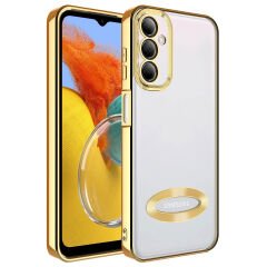 Samsung Galaxy M14 Kılıf Kamera Korumalı Logo Gösteren Omega Kapak Gold