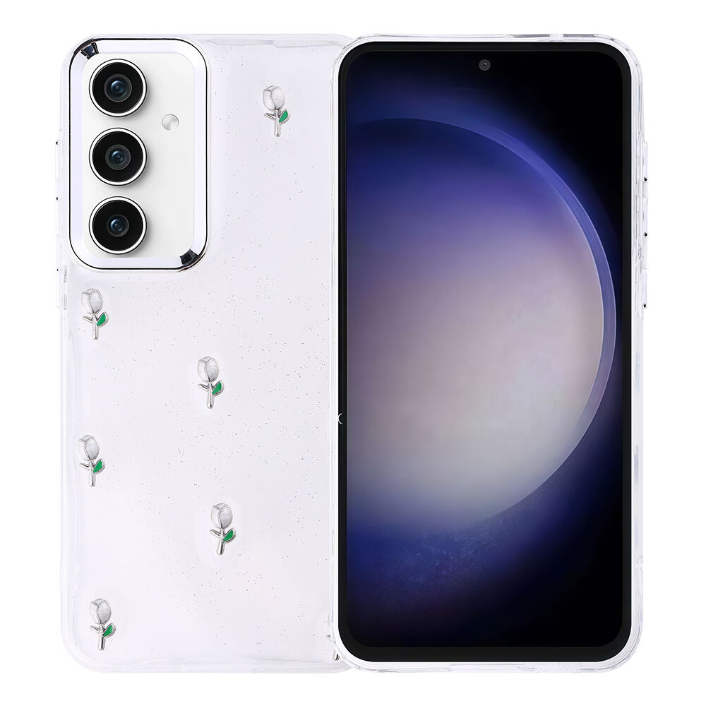 Samsung Galaxy S23 FE Kılıf Airbag Tasarımlı Simli Şeffaf Kutup Kapak Lale