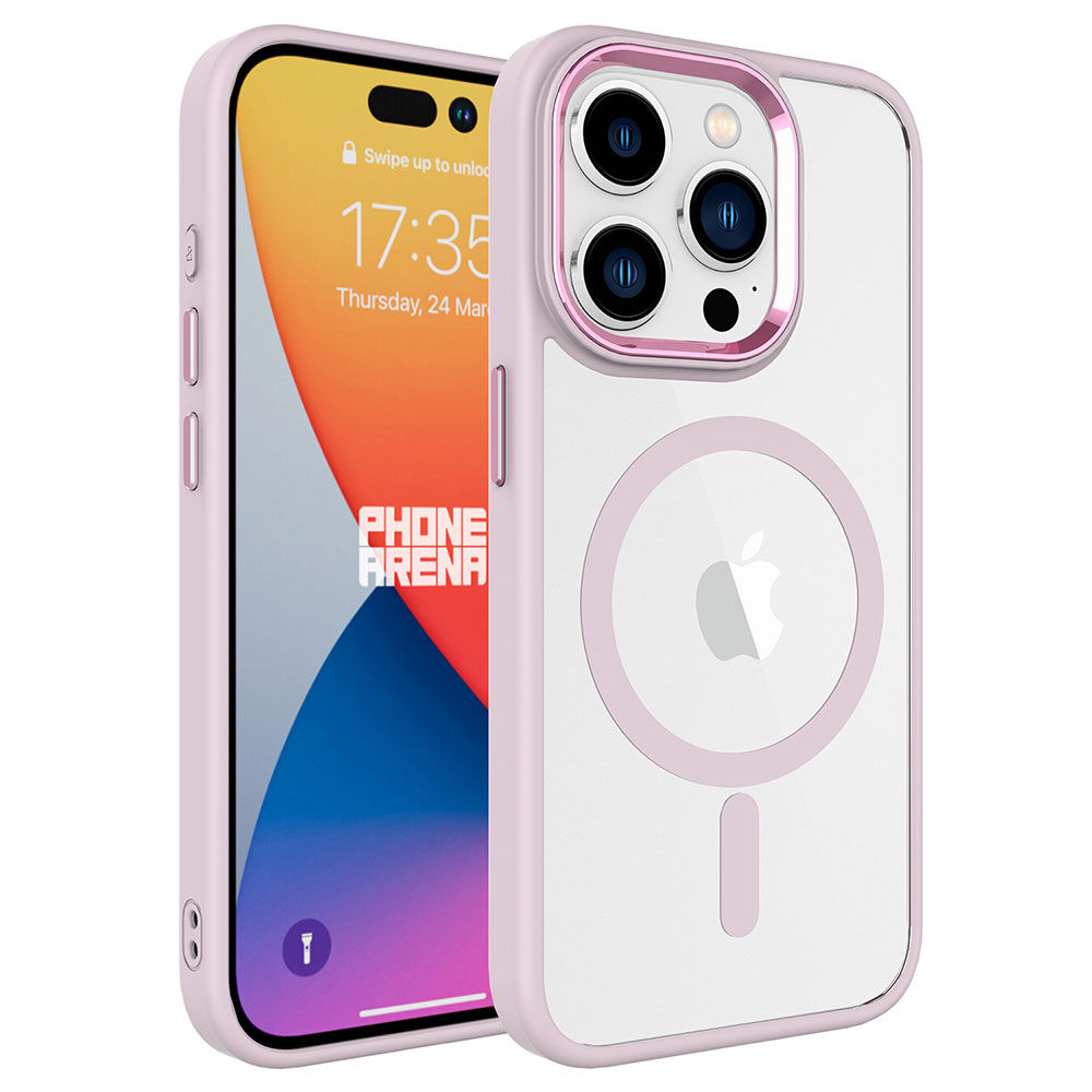 iPhone 15 Pro Max Kılıf Wireless Şarj Özellikli Krom Magsafe Silikon Kapak Kılıf Pembe Açık