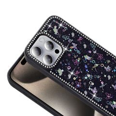 iPhone 15 Pro Kılıf Taşlı ve Simli Tasarım Azra Kapak Gold