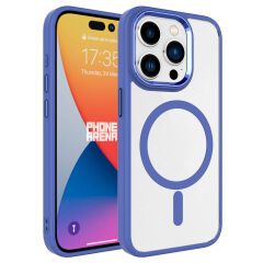 iPhone 15 Pro Max Kılıf Wireless Şarj Özellikli Krom Magsafe Silikon Kapak Kılıf Mavi