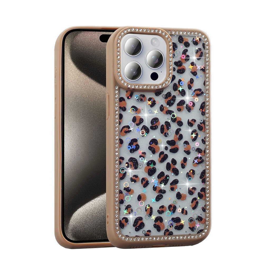 iPhone 15 Pro Kılıf Taşlı ve Simli Tasarım Azra Kapak Gold