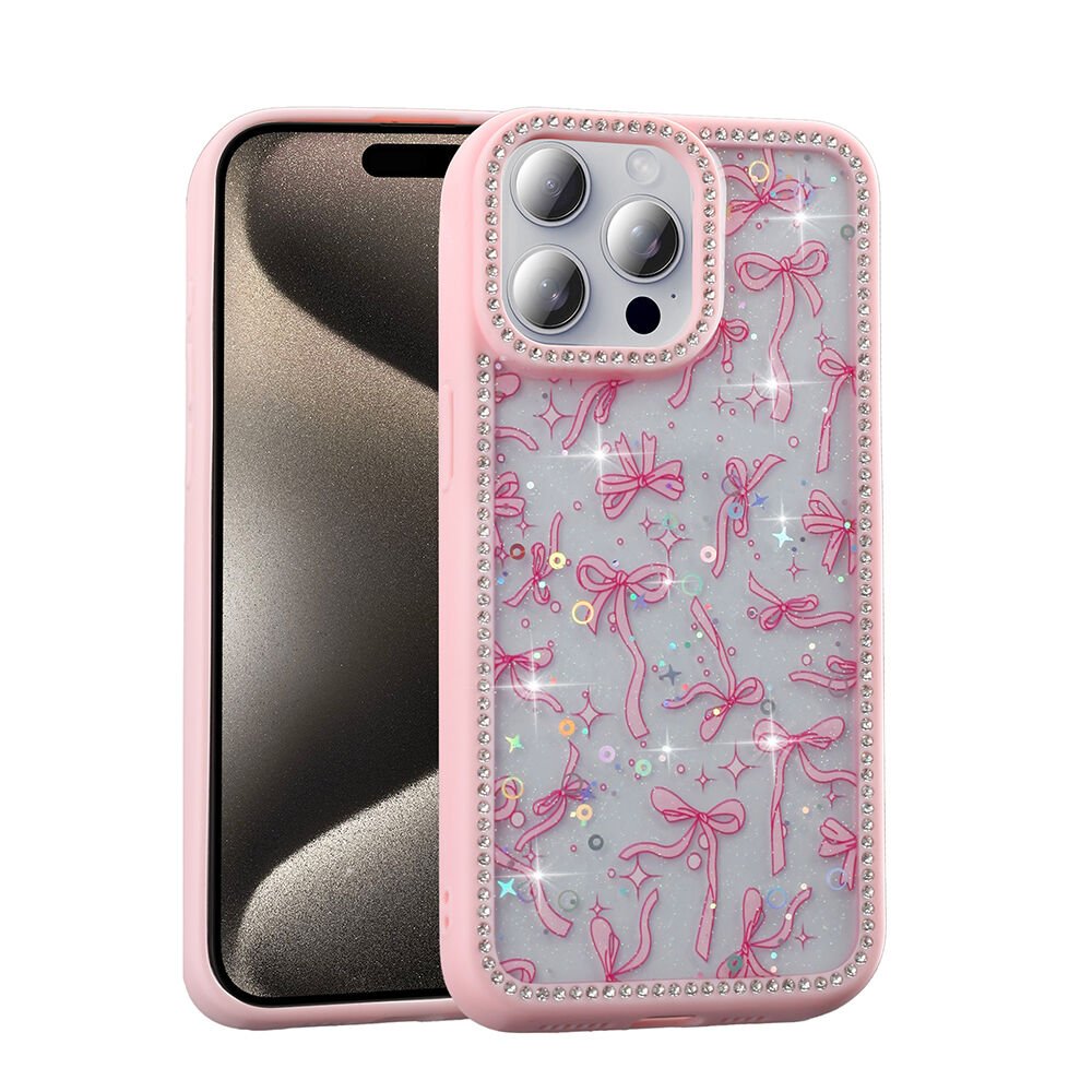 iPhone 15 Pro Kılıf Taşlı ve Simli Tasarım Azra Kapak Pembe
