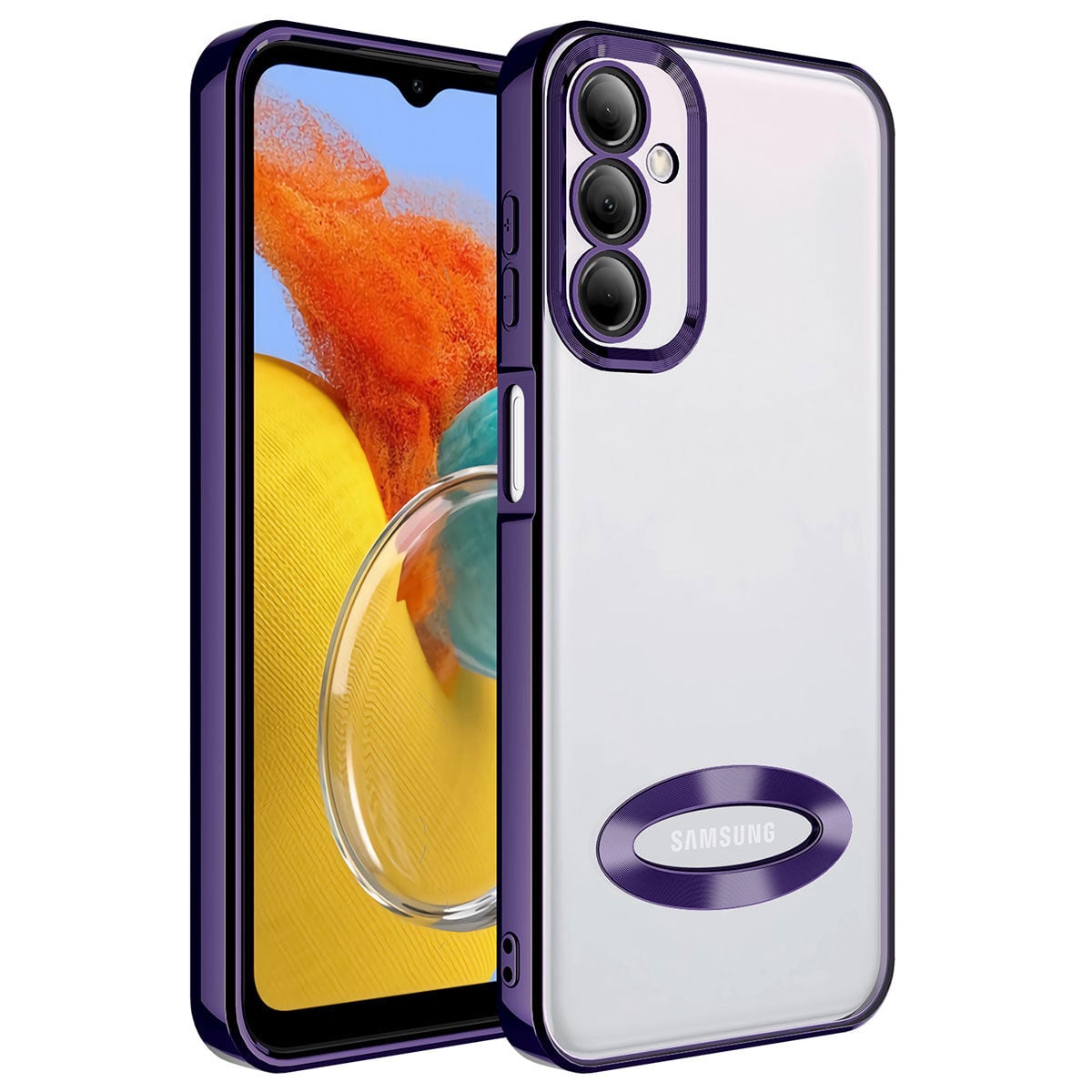 Samsung Galaxy M14 Kılıf Kamera Korumalı Logo Gösteren Omega Kapak Derin Mor