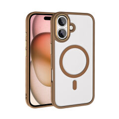 iPhone 16 Plus Kılıf Wireless Şarj Özellikli Krom Magsafe Silikon Kapak Rose Brown