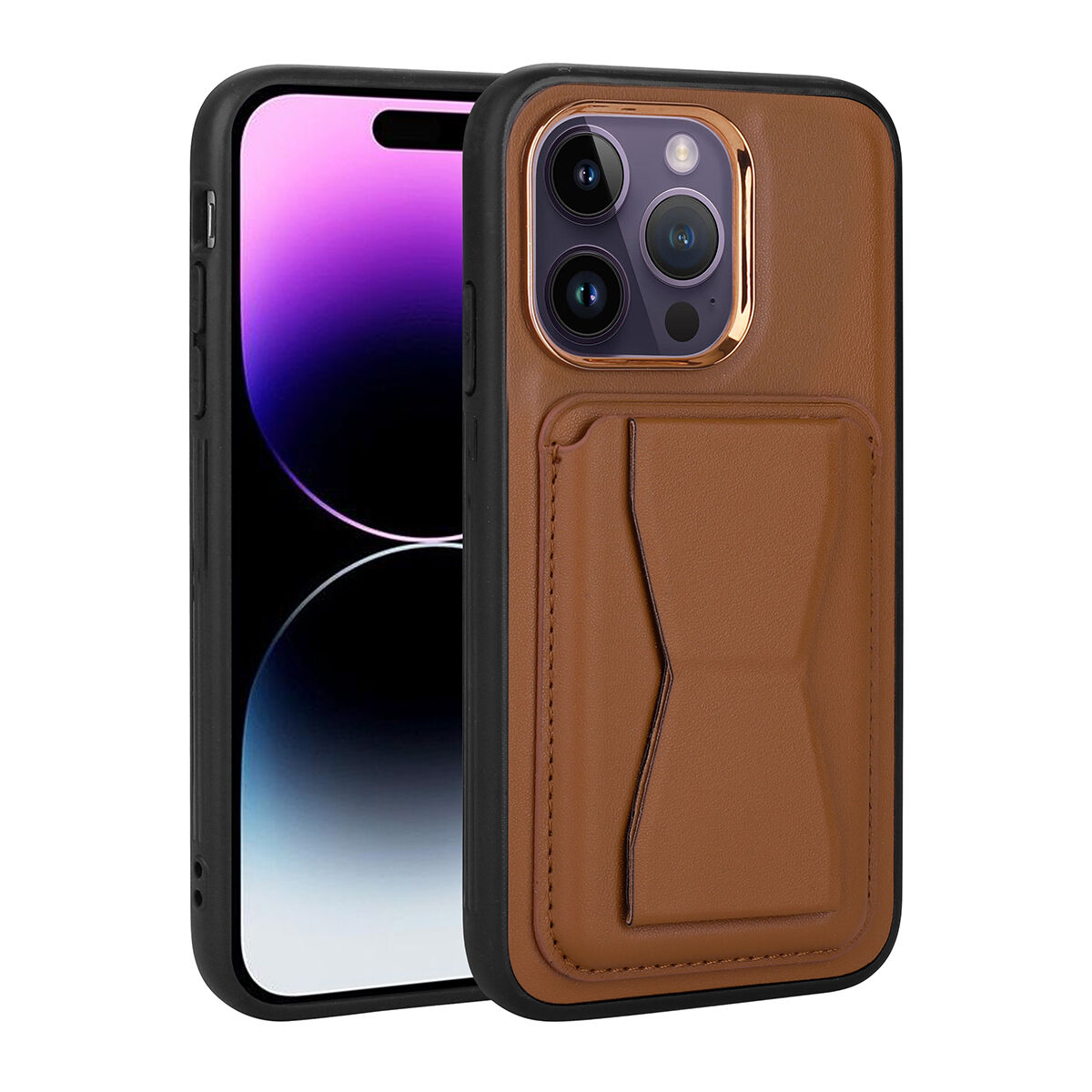 iPhone 14 Pro Kılıf Kartlıklı Standlı ​Pu Deri Memo Kapak Kahverengi