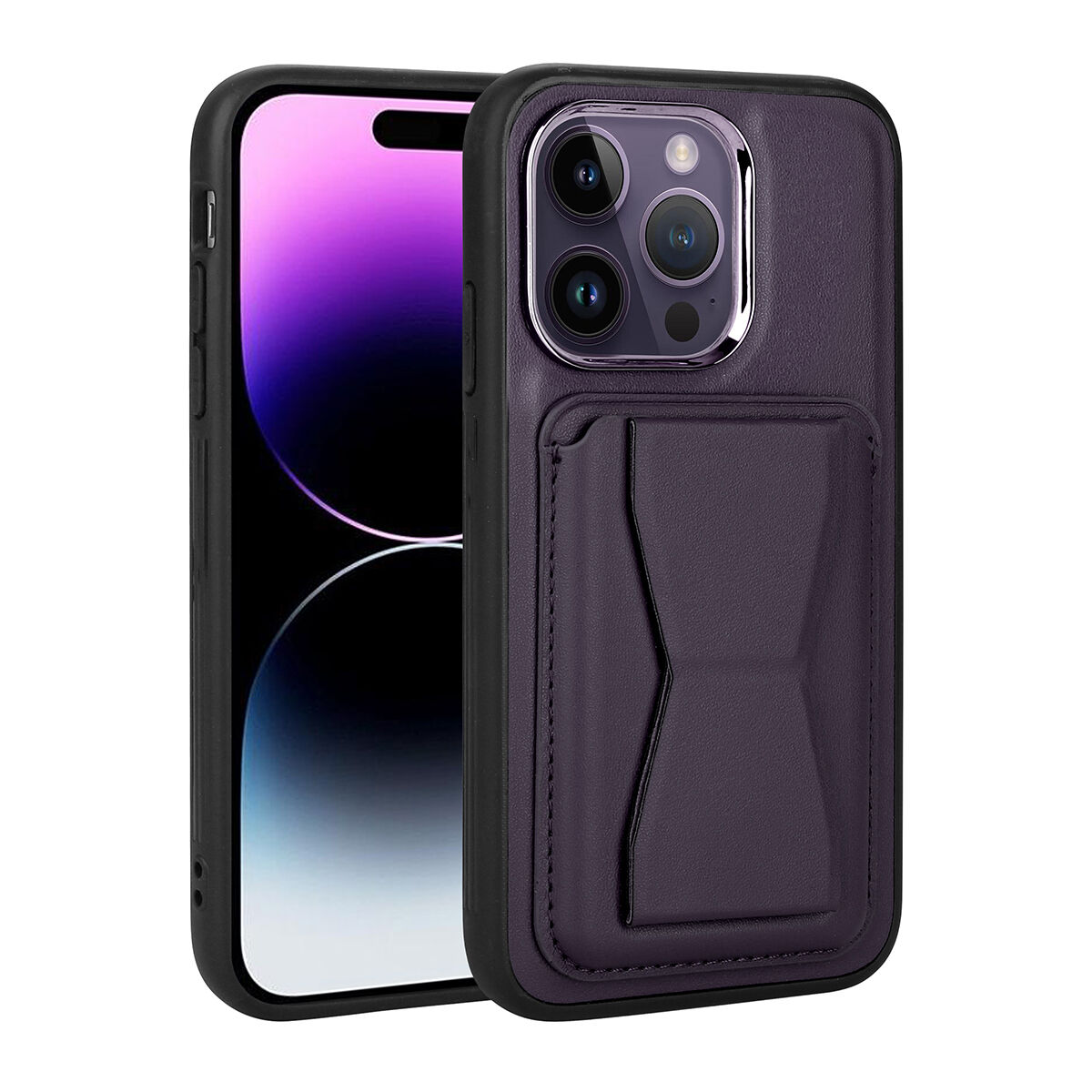 iPhone 14 Pro Kılıf Kartlıklı Standlı ​Pu Deri Memo Kapak Koyu Mor