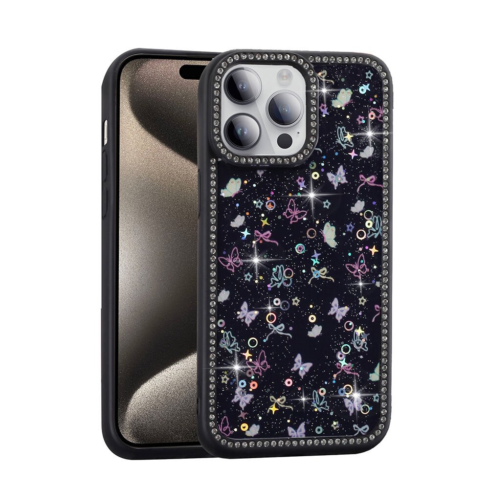 iPhone 14 Pro Kılıf Taşlı ve Simli Tasarım Azra Kapak Siyah